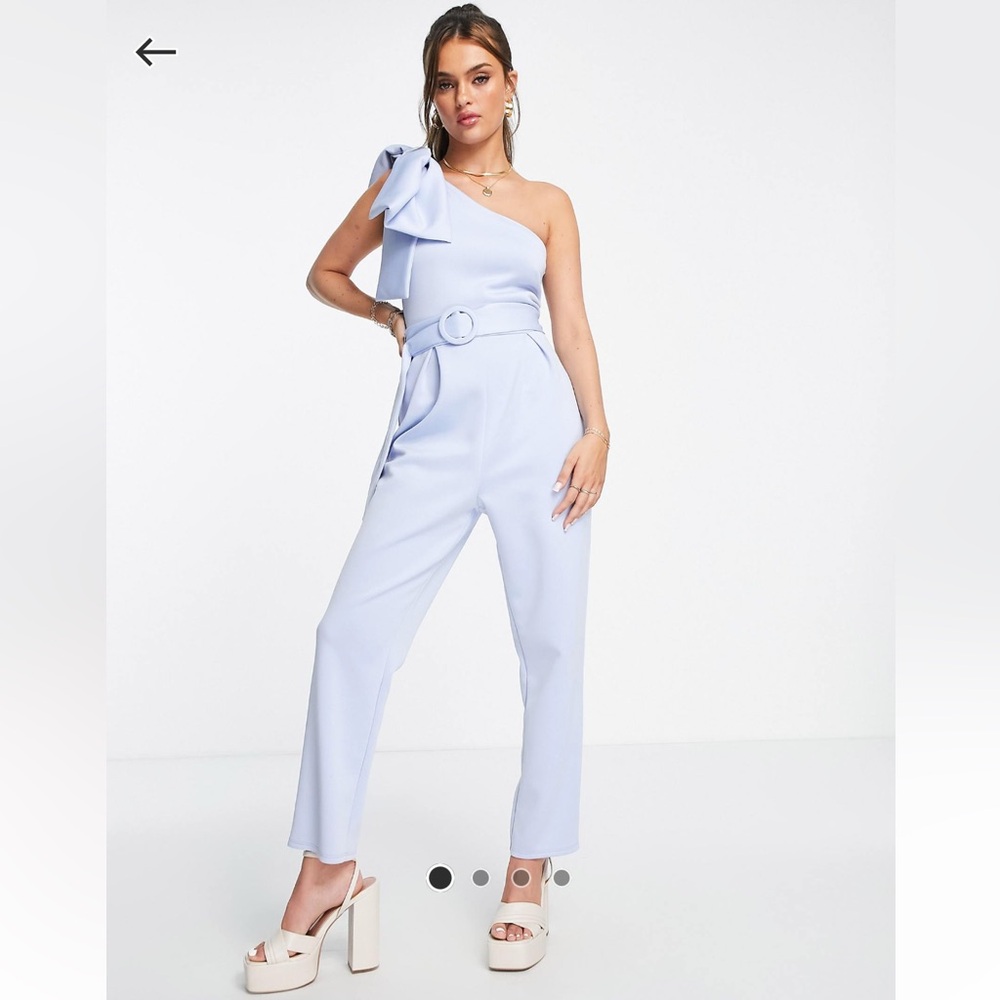 Asos Design Scuba Bow one Shoulder Belted Jumpsuit in Pastel Blue